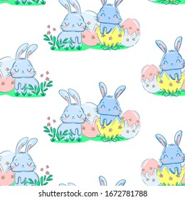 Feliz impresión de Pascua. Conejo. Un lindo conejito dibujado a mano y un patrón de huevos sin fisuras. Ilustración vectorial. 