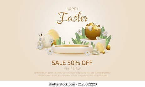 Happy easter with product display podium and realistic rabbit and golden egg elements.