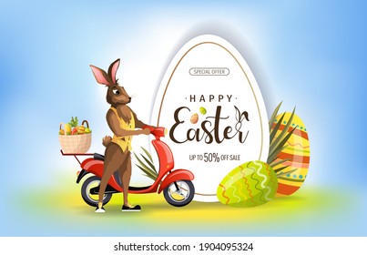 Happy Easter promo sale banner. Rabbit standing near a scooter with easter basket. Vector illustration for poster, banner, commercial, discount, special offer, flyer.