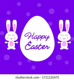 Happy Easter Purple Background White Two Rabbits Egg