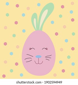 Happy easter. Purple easter egg with bunny ears on yellow background. Vector cartoon illustration. Pastel colors. Colored egg for easter holiday. Easter decoration.