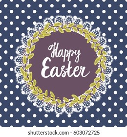 Happy Easter. Pussy-willow wreath. Frame made of white lace. Background in polka dots. Seamless pattern.