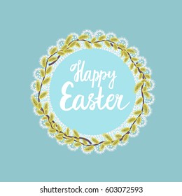 Happy Easter. Pussy-willow wreath. Round Frame made of white lace.