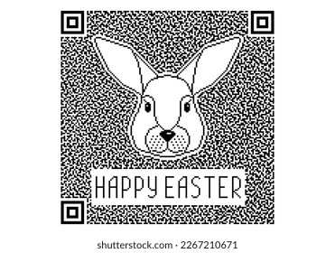 Happy Easter Q R code icon with rabbit muzzle isolated on white background. Cute bunny for Easter celebration, card, invitation, souvenir,  sticker, t shirt design or other using. Vector illustration.