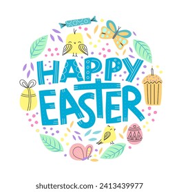 Happy easter quote with cute simple elements in a lineart style, colorful vector illustration.