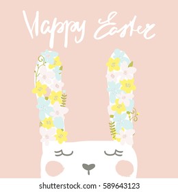 Happy Easter quote. Greeting Easter background with Cute rabbit with floral ears. Vector Illustration