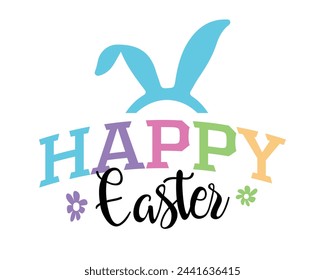 Happy Easter quote lettering retro handwriting bunny art on white background