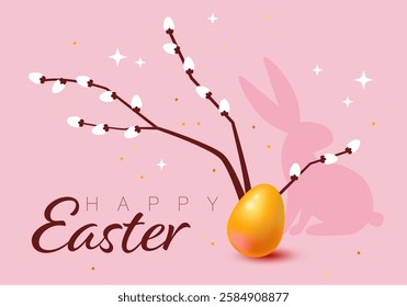 Happy Easter. Rabbit. 3d egg. Celebration. Easter Bunny Vector illustration. Easter holiday background. Happy Easter greeting with egg and willow branches