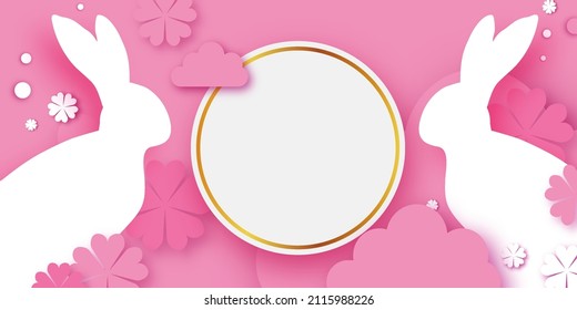 Happy Easter Rabbit banner. Cute bunny with paper cut eggs and flower on pink. Trendy Easter design. Modern paper cut style. Spring time. Poster, greetingscard, header for web.