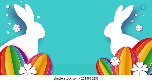 Happy Easter Rabbit banner. Cute bunny with paper cut eggs and flower. Trendy Easter design. Modern paper cut style. Spring time. Poster, greetingscard, header for web.