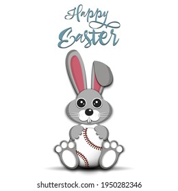 Happy Easter. Easter Rabbit with baseball ball on an isolated background. Pattern for greeting card, banner, poster, invitation. Vector illustration