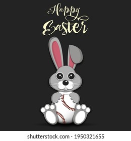 Happy Easter. Easter Rabbit with baseball ball on an isolated background. Pattern for greeting card, banner, poster, invitation. Vector illustration