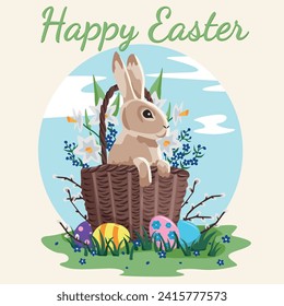 Feliz Pascua. Un conejo en una cesta con flores y huevos decorados en el césped