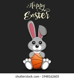 Happy Easter. Easter Rabbit with basketball ball on an isolated background. Pattern for greeting card, banner, poster, invitation. Vector illustration