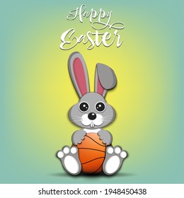 Happy Easter. Easter Rabbit with basketball ball on an isolated background. Pattern for greeting card, banner, poster, invitation. Vector illustration