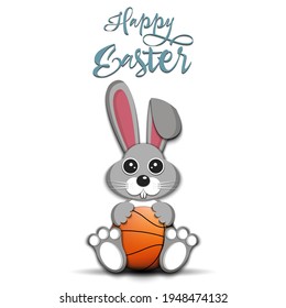 Happy Easter. Easter Rabbit with basketball ball on an isolated background. Pattern for greeting card, banner, poster, invitation. Vector illustration