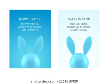 Frohe Osterkaninchen blauer Bauble 3d Grußkartenset Design-Vorlage realistische Vektorgrafik. Hasen-Kopfspielzeug lange Ohren Glückwunsch religiöse Feiertage Deko-Element
