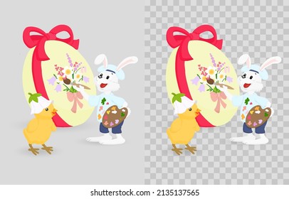 Feliz conejo de Pascua, conejo de Pascua, polluelo con huevo para los niños. Conejo o liebre, animal festivo de primavera. Caricatura de portador decente de vacaciones. Ilustración vectorial sobre fondo transparente. Papúa Nueva Guinea.