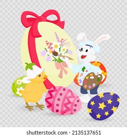 Feliz conejo de Pascua, conejo de Pascua, polluelo con huevo para los niños. Conejo o liebre, animal festivo de primavera. Caricatura de portador decente de vacaciones. Ilustración vectorial sobre fondo transparente. Papúa Nueva Guinea.