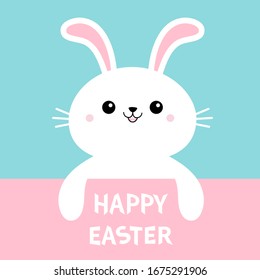 Happy Easter. Rabbit bunny. Cute cartoon kawaii funny smiling baby character. White farm animal. Blue background. Isolated. Flat design. Vector illustration