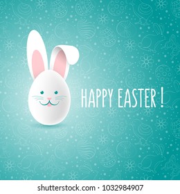 Happy Easter rabbit Bunny in egg form with ears on blue background with pattern on Easter theme. Vector illustration.