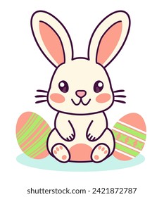 Happy Easter rabbit. Bunny with egg for kids. Rabbit or hare, spring festival animal. Cute bunny. Cartoon holiday decent vector character. Vector illustration on transparent background.