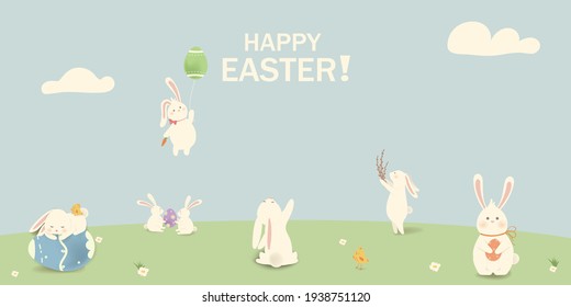 Happy Easter. Easter Rabbit Bunny with eggs, grass, flowers in field. Cute cartoon rabbit character with chicken, Paschal egg. Design template for Banner, flyer, invitation, greeting card, poster.
