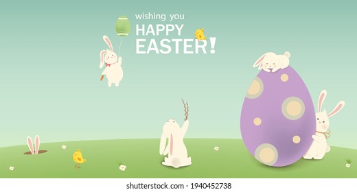 Happy Easter. Easter Rabbit Bunny with eggs, grass, flowers in field. Cute cartoon rabbit character with chicken, Paschal egg. Design template for Banner, flyer, invitation, greeting card, poster.