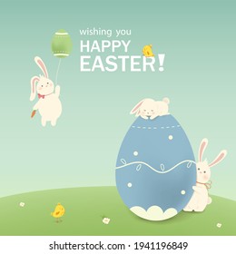 Happy Easter. Easter Rabbit Bunny with eggs, grass, flowers in field. Cute cartoon rabbit character with chicken, Paschal egg. Design template for Banner, flyer, invitation, greeting card, poster.