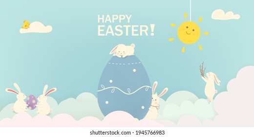 Frohe Ostern! Osterkaninchen-Kaninchen mit Eiern, Ballon. Cute Cartoon Kaninchen Charakter mit Huhn, Paschal Ei. Design-Vorlage für Banner, Flyer, Einladung, Grußkarte, Poster.
