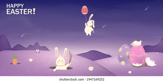 Happy Easter. Easter Rabbit Bunny with eggs, flowers in field. Cute cartoon rabbit character with Paschal egg. Design template for Banner, flyer, invitation, greeting card, poster.