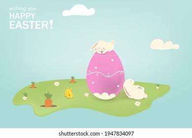Happy Easter. Easter Rabbit Bunny with eggs, flowers in field. Cute cartoon rabbit character with Paschal egg. Design template for Banner, flyer, invitation, greeting card, poster.