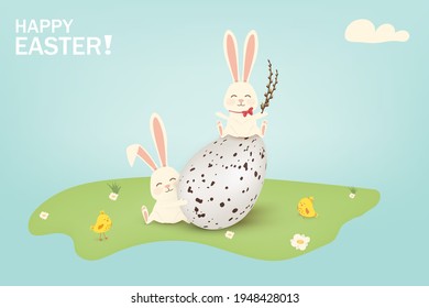 Happy Easter. Easter Rabbit Bunny with eggs, flowers in field. Cute cartoon rabbit character with Paschal egg. Design template for Banner, flyer, invitation, greeting card, poster.