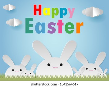 Happy Easter Rabbit Bunny greeting card on blue sky background. Easter banner template, Paper cut and craft style. Origami Vector illustration.