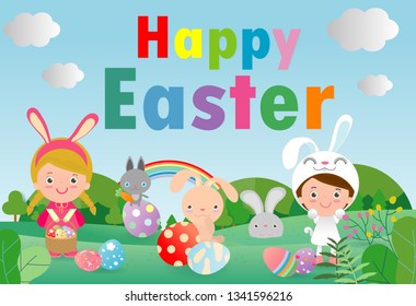 Happy Easter Rabbit Bunny greeting card on blue sky background. Easter banner template, Easter eggs Vector illustration. 