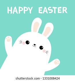 Happy Easter. Rabbit bunny head face in the corner. Waving paw print hand. Cute cartoon kawaii funny baby character. Farm animal. Blue pastel background. Flat design. Vector illustration