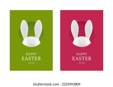 Happy Easter rabbit bunny hide hole festive surprise 3d greeting card set design template realistic vector illustration. Religious holiday hare animal character congratulations event decor