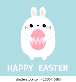 Happy Easter. Rabbit bunny holding painting egg. Farm animal. Cute cartoon kawaii funny baby character. Blue pastel background. Flat design Vector illustration