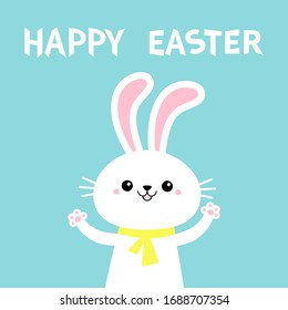 Happy Easter. Rabbit bunny holding paw print hands up. Yellow scarf. Cute cartoon kawaii funny baby character. White farm animal. Blue background. Isolated. Flat design. Vector illustration