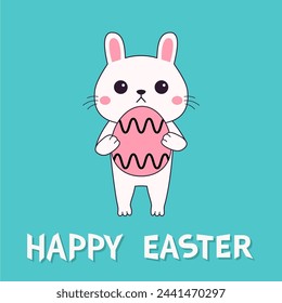 Happy Easter. Rabbit bunny holding pink painting egg. Doodle contour line animal. Farm animal. Cute cartoon kawaii baby character. Funny face. Blue background. Flat design. Vector illustration