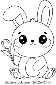 Happy Easter rabbit or bunny holding flower tulip. Cartoon illustrations for festive crafts. Adorable animal designs work great for cards and kids' activities