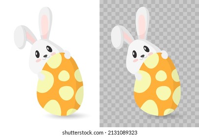 Happy Easter rabbit, Easter bunny icon. Bunny with egg for kids. Rabbit or hare, spring festive animal. Cartoon holiday decent vector character. Vector illustration on transparent background. PNG.