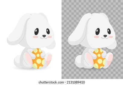Happy Easter rabbit, Easter bunny icon. Bunny with egg for kids. Rabbit or hare, spring festive animal. Cartoon holiday decent vector character. Vector illustration on transparent background. PNG.