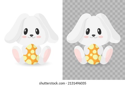 Happy Easter Rabbit, Easter Bunny Icon Set. Bunny With Egg For Kids. Rabbit Or Hare, Spring Festive Animal. Cartoon Holiday Decent Vector Character. Vector Illustration On Transparent Background. PNG.