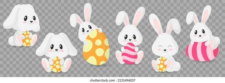 Happy Easter rabbit, Easter bunny icon set. Bunny with egg for kids. Rabbit or hare, spring festive animal. Cartoon holiday decent vector character. Vector illustration on transparent background. PNG. - Shutterstock ID 2131496037