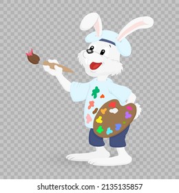 Happy Easter rabbit, Easter bunny icon. Bunny with egg for kids. Rabbit or hare, spring festive animal. Cartoon holiday decent vector character. Vector illustration on transparent background. PNG.