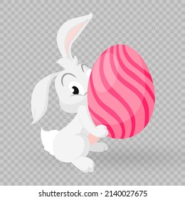 Happy Easter rabbit, Easter bunny icon. Bunny with egg for kids. Rabbit or hare, spring festive animal. Cartoon holiday decent vector character. Vector illustration on transparent background. PNG.