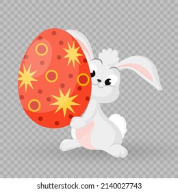 Happy Easter rabbit, Easter bunny icon. Bunny with egg for kids. Rabbit or hare, spring festive animal. Cartoon holiday decent vector character. Vector illustration on transparent background. PNG.