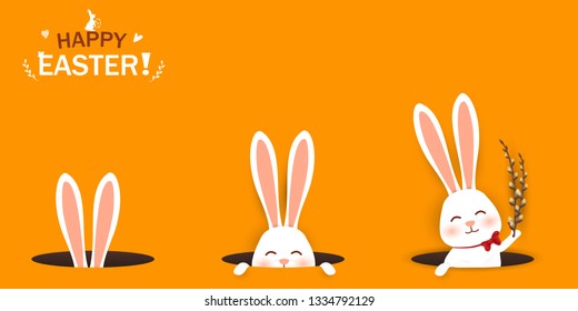 Happy Easter. Easter Rabbit Bunny looking from a hole. Cute, funny cartoon rabbit character. Design template for Banner, flyer, invitation, greeting card, poster. Festive design elements. vector.