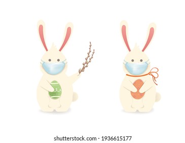 Happy Easter. Easter Rabbit Bunny with Medical Face Mask, eggs . Cute, funny cartoon rabbit character with Paschal egg isolated. vector illustration.